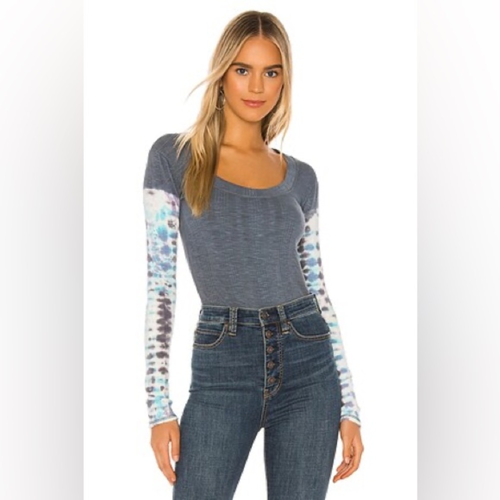 Free People Big Sur Long Sleeve Blue Purple Tie Dye Tee Top, Size Medium